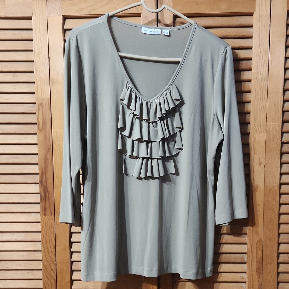Susan Graver Ruffled V-Neck Top - Sage Green
